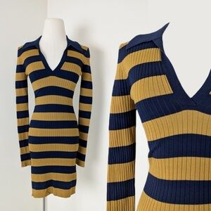 Striped Ribbed Mini Dress Long Sleeve 70’s Style Twik Soft Bodycon Tight Fitted